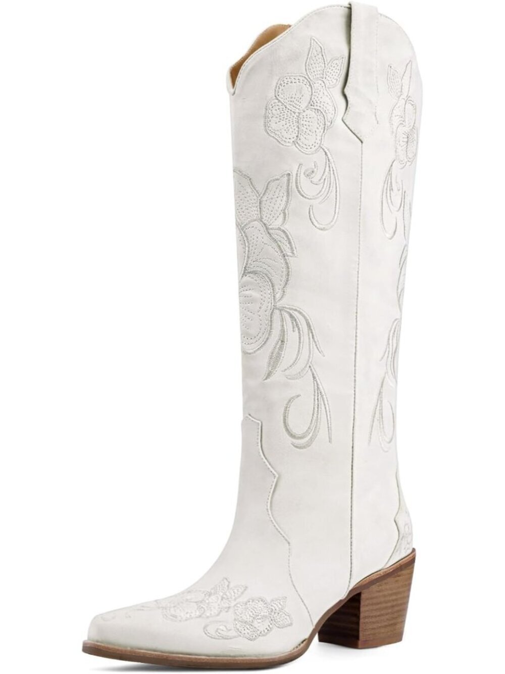 Women's Knee High Cowgirl Western Boots White Pointed Toe Chunky Block Heel